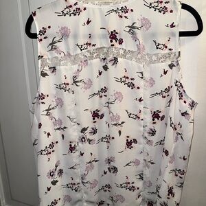 Ann Taylor White Floral Lace-Trim Sleeveless Tank